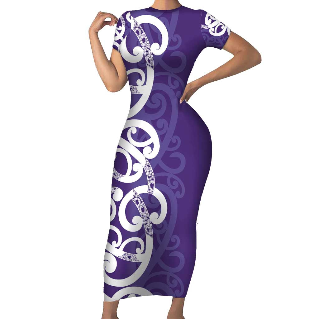 Violet Green Maori Family Matching Short Sleeve Bodycon Dress and Hawaiian Shirt Koru Kowhaiwhai LT7 Mom's Dress Violet - Polynesian Pride