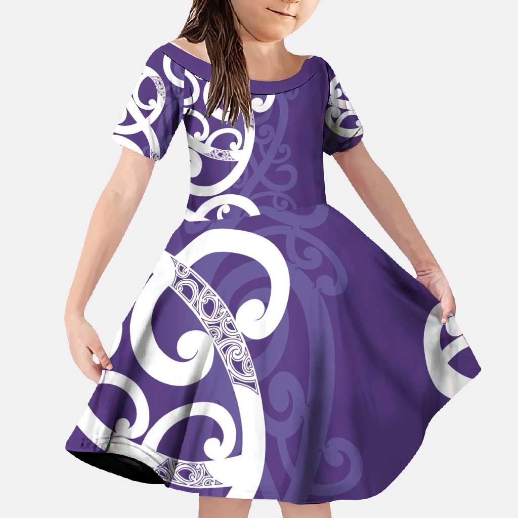 Violet Green Maori Family Matching Summer Maxi Dress and Hawaiian Shirt Koru Kowhaiwhai LT7 Daughter's Dress Violet - Polynesian Pride