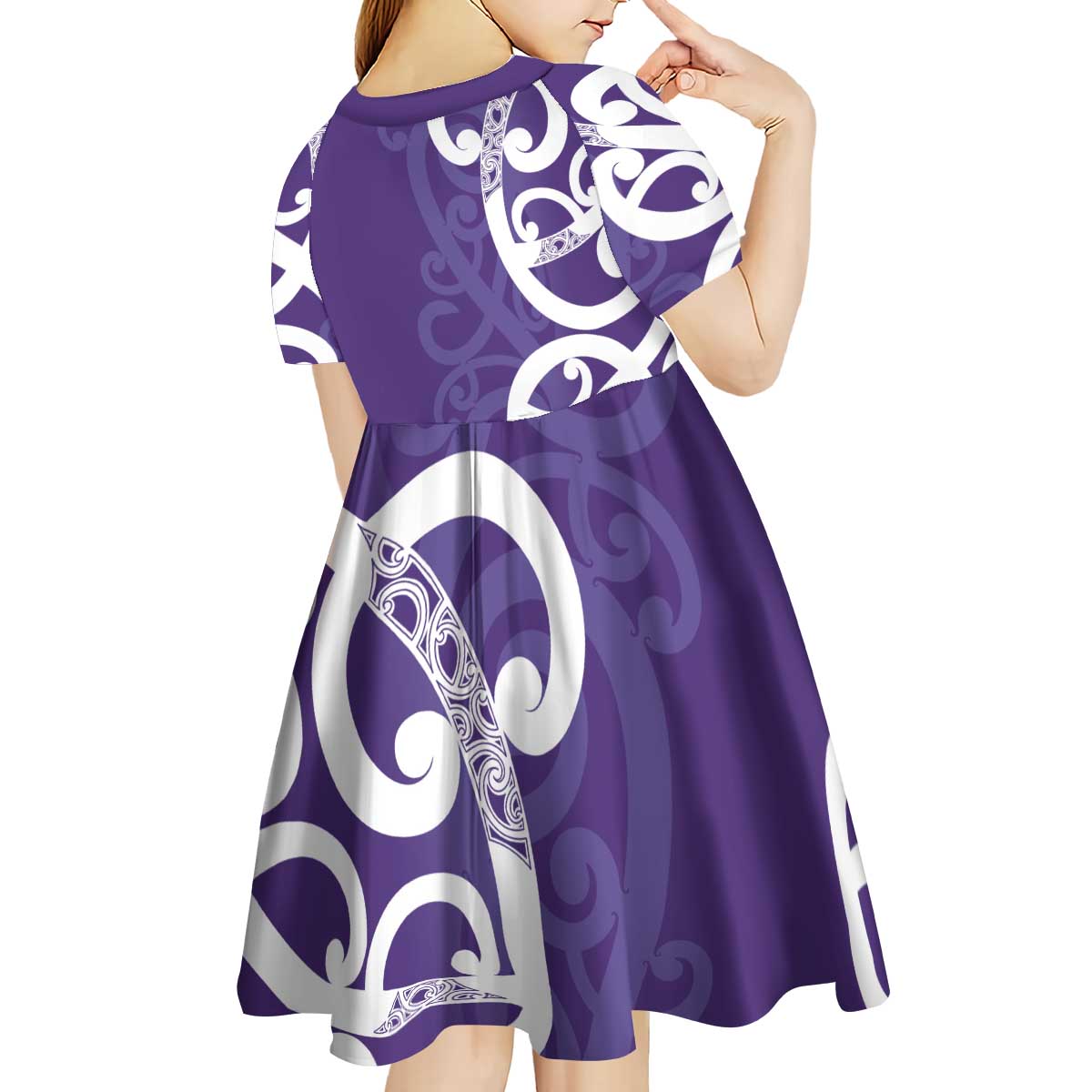 Violet Green Maori Kid Short Sleeve Dress Koru Kowhaiwhai - Polynesian Pride