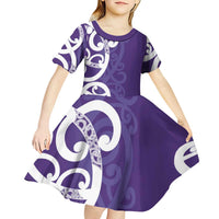 Violet Green Maori Kid Short Sleeve Dress Koru Kowhaiwhai - Polynesian Pride
