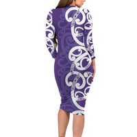 Violet Green Maori Long Sleeve Bodycon Dress Koru Kowhaiwhai - Polynesian Pride