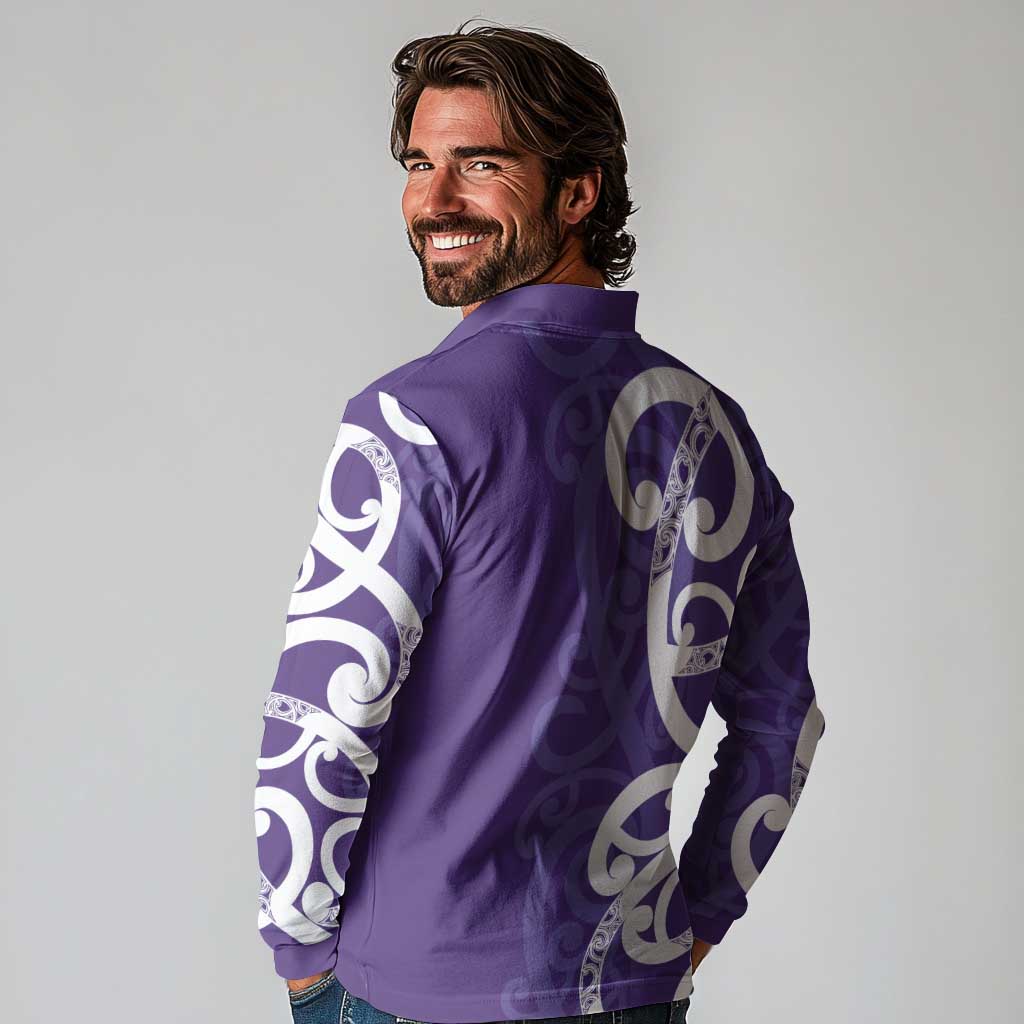 Violet Green Maori Long Sleeve Polo Shirt Koru Kowhaiwhai - Polynesian Pride