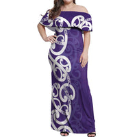 Violet Green Maori Off Shoulder Maxi Dress Koru Kowhaiwhai - Polynesian Pride