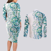 Paua Shell Maori Couples Matching Long Sleeve Bodycon Dress and Long Sleeve Button Shirt Koru Kowhaiwhai - Polynesian Pride