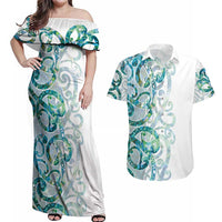 Paua Shell Maori Couples Matching Off Shoulder Maxi Dress and Hawaiian Shirt Koru Kowhaiwhai - Polynesian Pride