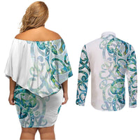 Paua Shell Maori Couples Matching Off Shoulder Short Dress and Long Sleeve Button Shirt Koru Kowhaiwhai - Polynesian Pride
