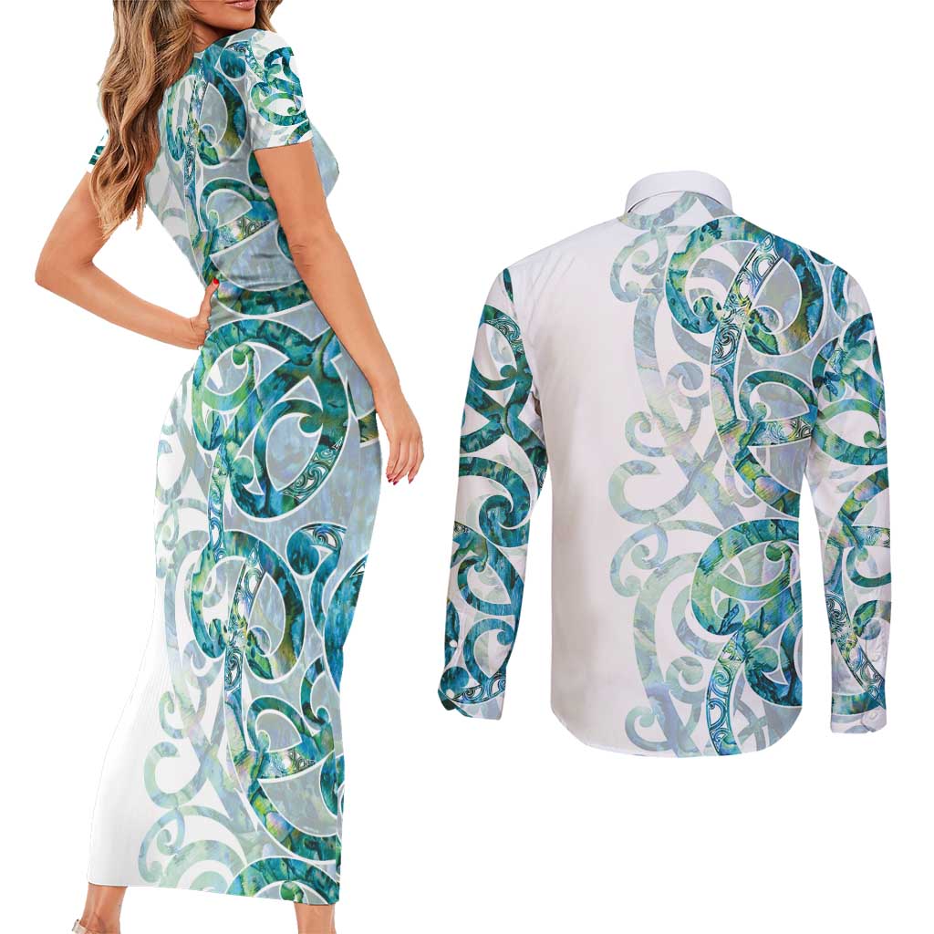 Paua Shell Maori Couples Matching Short Sleeve Bodycon Dress and Long Sleeve Button Shirt Koru Kowhaiwhai - Polynesian Pride