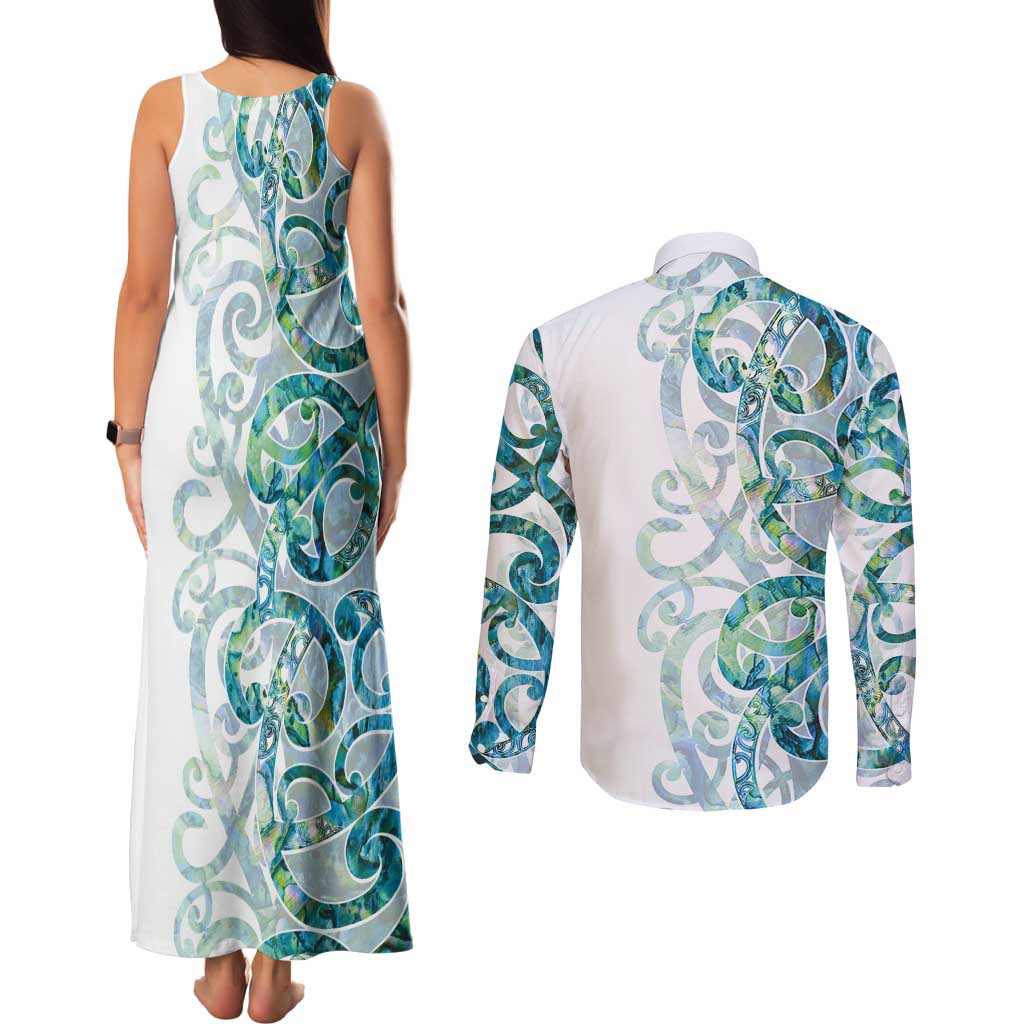 Paua Shell Maori Couples Matching Tank Maxi Dress and Long Sleeve Button Shirt Koru Kowhaiwhai - Polynesian Pride