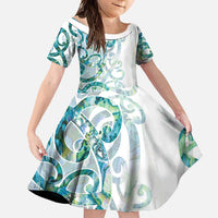 Paua Shell Maori Family Matching Long Sleeve Bodycon Dress and Hawaiian Shirt Koru Kowhaiwhai LT7 Daughter's Dress White - Polynesian Pride