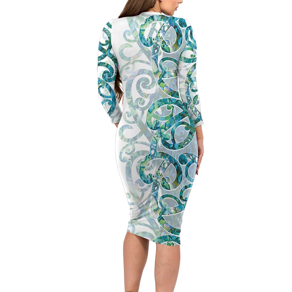 Paua Shell Maori Family Matching Long Sleeve Bodycon Dress and Hawaiian Shirt Koru Kowhaiwhai LT7 - Polynesian Pride