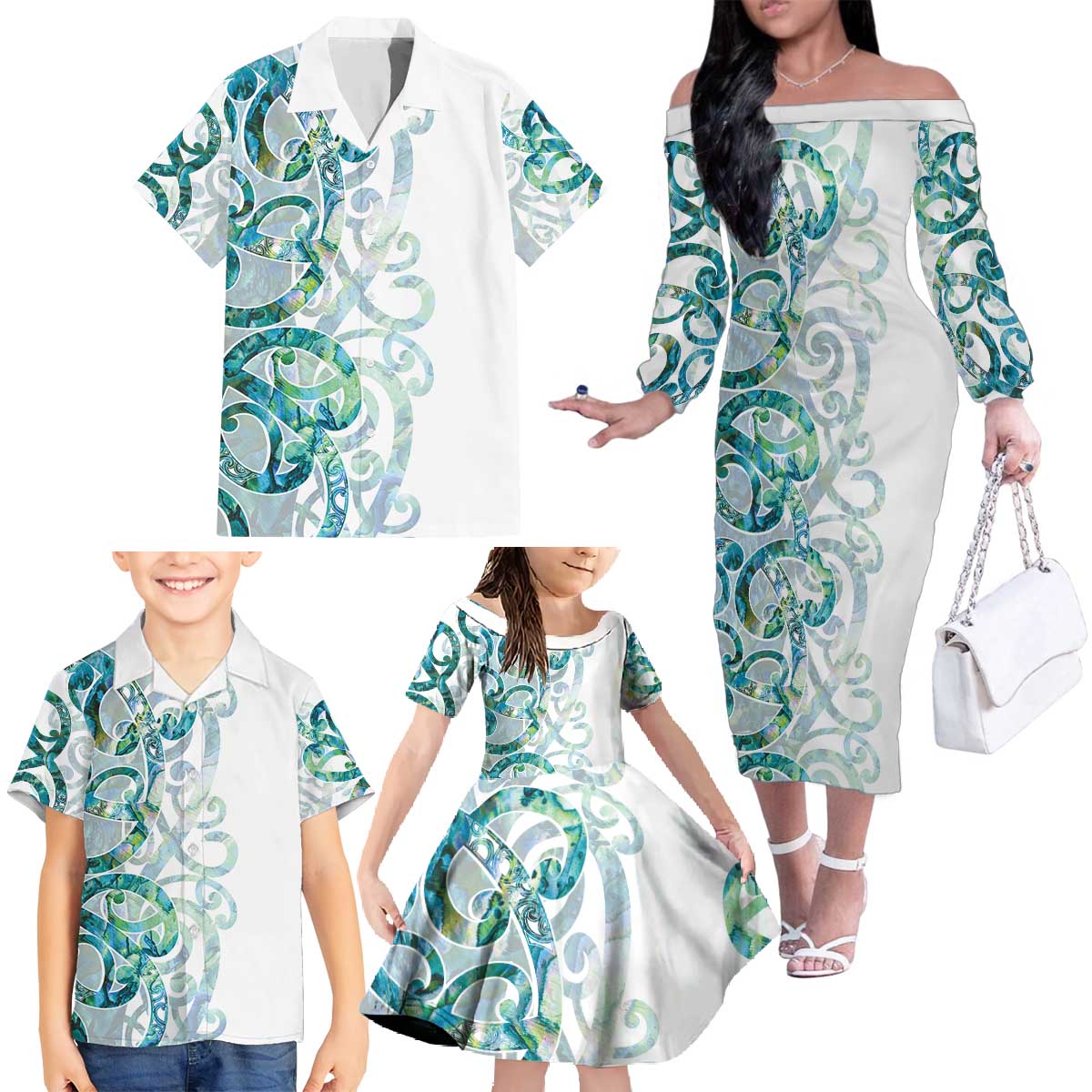 Paua Shell Maori Family Matching Off The Shoulder Long Sleeve Dress and Hawaiian Shirt Koru Kowhaiwhai - Polynesian Pride