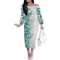 Paua Shell Maori Family Matching Off The Shoulder Long Sleeve Dress and Hawaiian Shirt Koru Kowhaiwhai LT7 Mom's Dress White - Polynesian Pride