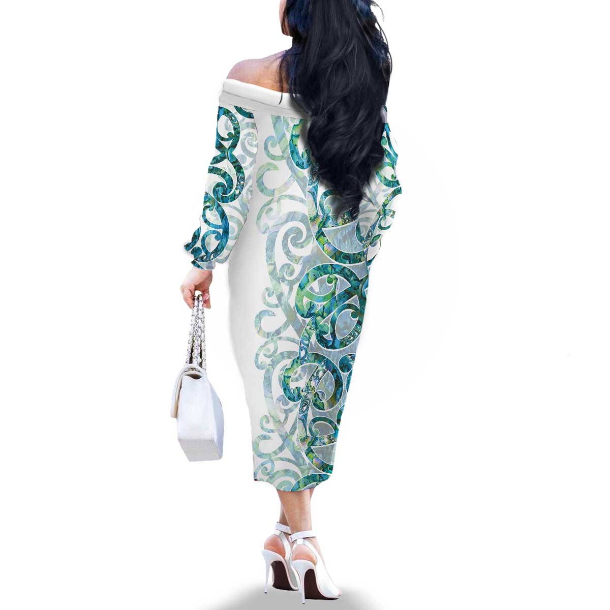 Paua Shell Maori Family Matching Off The Shoulder Long Sleeve Dress and Hawaiian Shirt Koru Kowhaiwhai LT7 - Polynesian Pride
