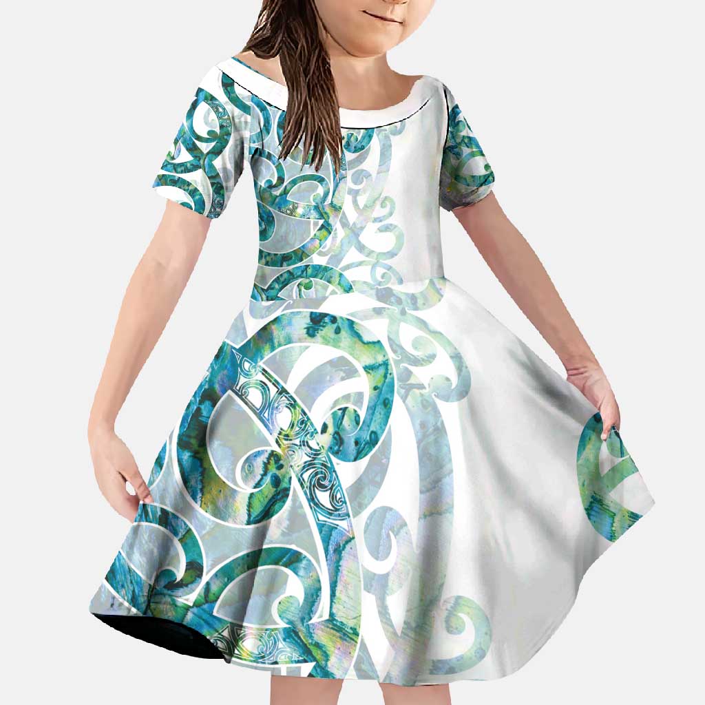 Paua Shell Maori Family Matching Off Shoulder Maxi Dress and Hawaiian Shirt Koru Kowhaiwhai LT7 Daughter's Dress White - Polynesian Pride