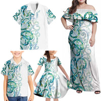 Paua Shell Maori Family Matching Off Shoulder Maxi Dress and Hawaiian Shirt Koru Kowhaiwhai LT7 - Polynesian Pride