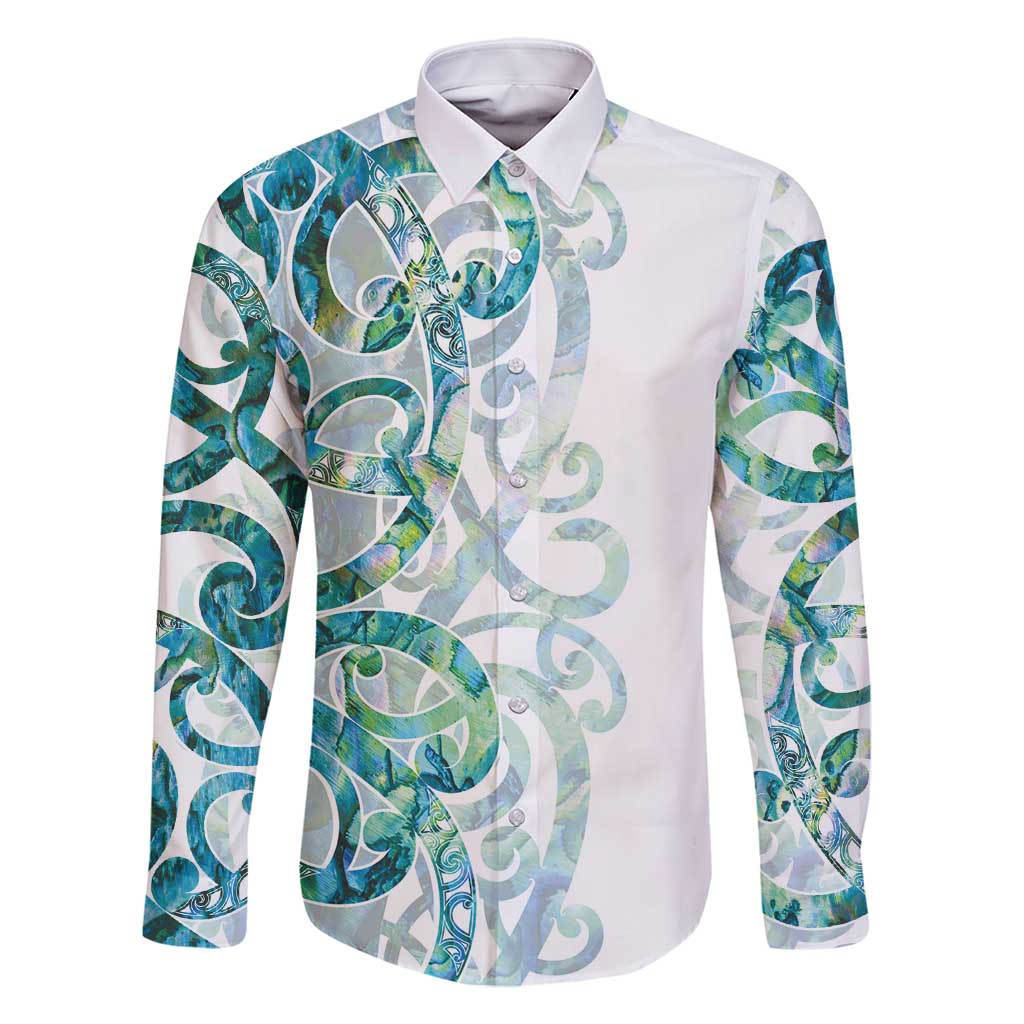 Paua Shell Maori Family Matching Off Shoulder Maxi Dress and Hawaiian Shirt Koru Kowhaiwhai LT7 Dad's Shirt - Long Sleeve White - Polynesian Pride