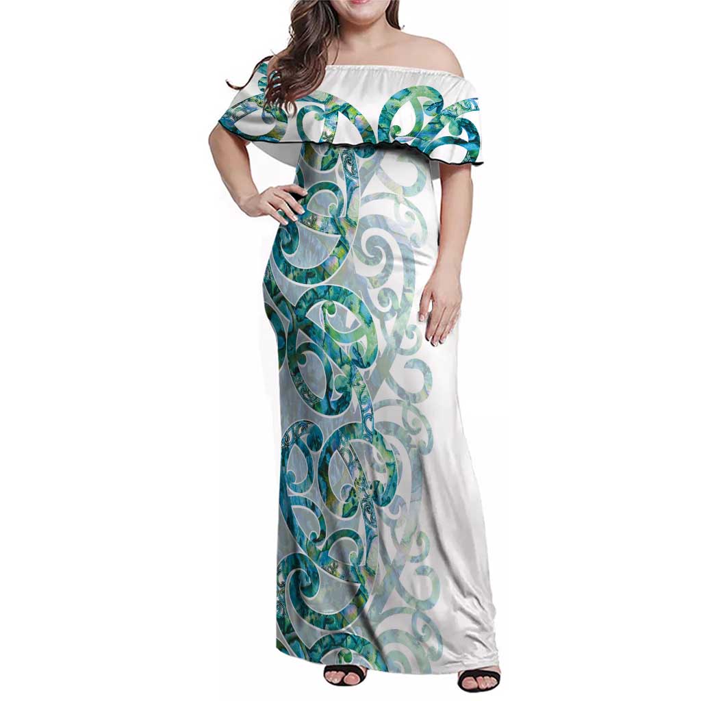 Paua Shell Maori Family Matching Off Shoulder Maxi Dress and Hawaiian Shirt Koru Kowhaiwhai LT7 Mom's Dress White - Polynesian Pride