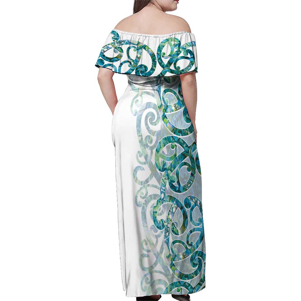 Paua Shell Maori Family Matching Off Shoulder Maxi Dress and Hawaiian Shirt Koru Kowhaiwhai LT7 - Polynesian Pride