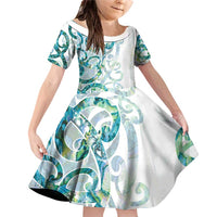 Paua Shell Maori Family Matching Off Shoulder Short Dress and Hawaiian Shirt Koru Kowhaiwhai LT7 Daughter's Dress White - Polynesian Pride