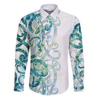 Paua Shell Maori Family Matching Off Shoulder Short Dress and Hawaiian Shirt Koru Kowhaiwhai LT7 Dad's Shirt - Long Sleeve White - Polynesian Pride