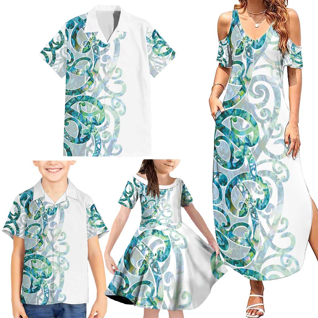 Paua Shell Maori Family Matching Summer Maxi Dress and Hawaiian Shirt Koru Kowhaiwhai LT7 - Polynesian Pride