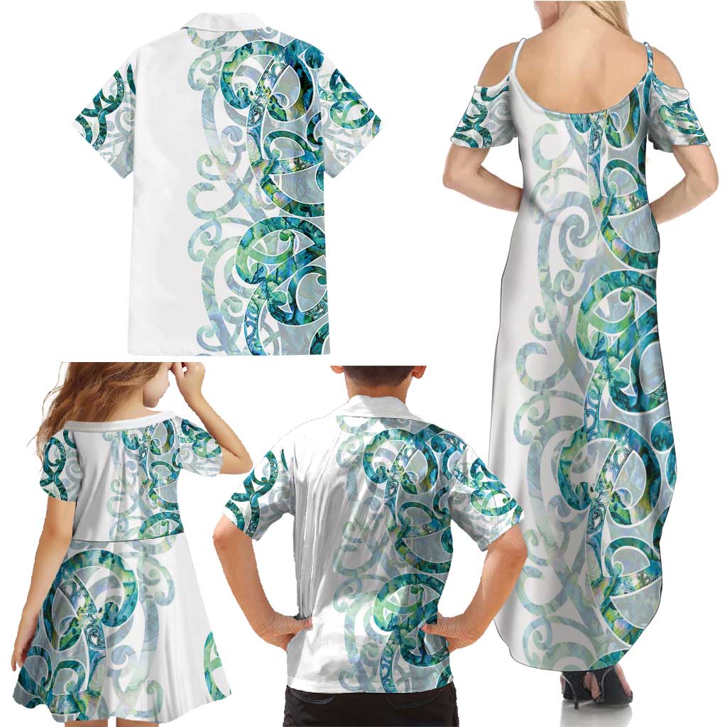 Paua Shell Maori Family Matching Summer Maxi Dress and Hawaiian Shirt Koru Kowhaiwhai LT7 - Polynesian Pride