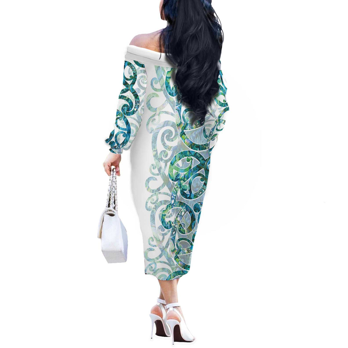 Paua Shell Maori Off The Shoulder Long Sleeve Dress Koru Kowhaiwhai - Polynesian Pride