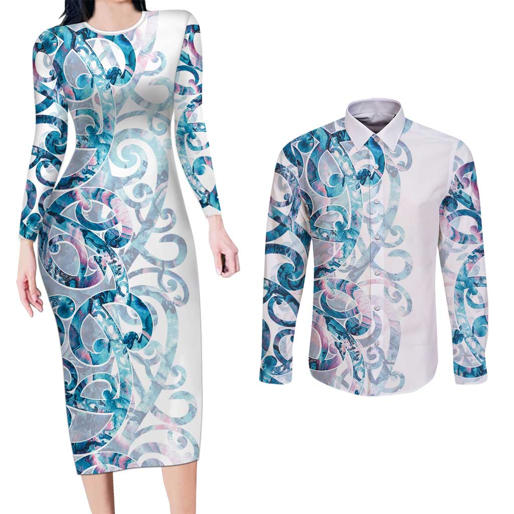 Turquoise Paua Shell Maori Couples Matching Long Sleeve Bodycon Dress and Long Sleeve Button Shirt Koru Kowhaiwhai - Polynesian Pride