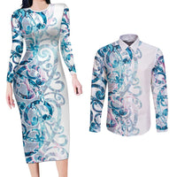 Turquoise Paua Shell Maori Couples Matching Long Sleeve Bodycon Dress and Long Sleeve Button Shirt Koru Kowhaiwhai - Polynesian Pride