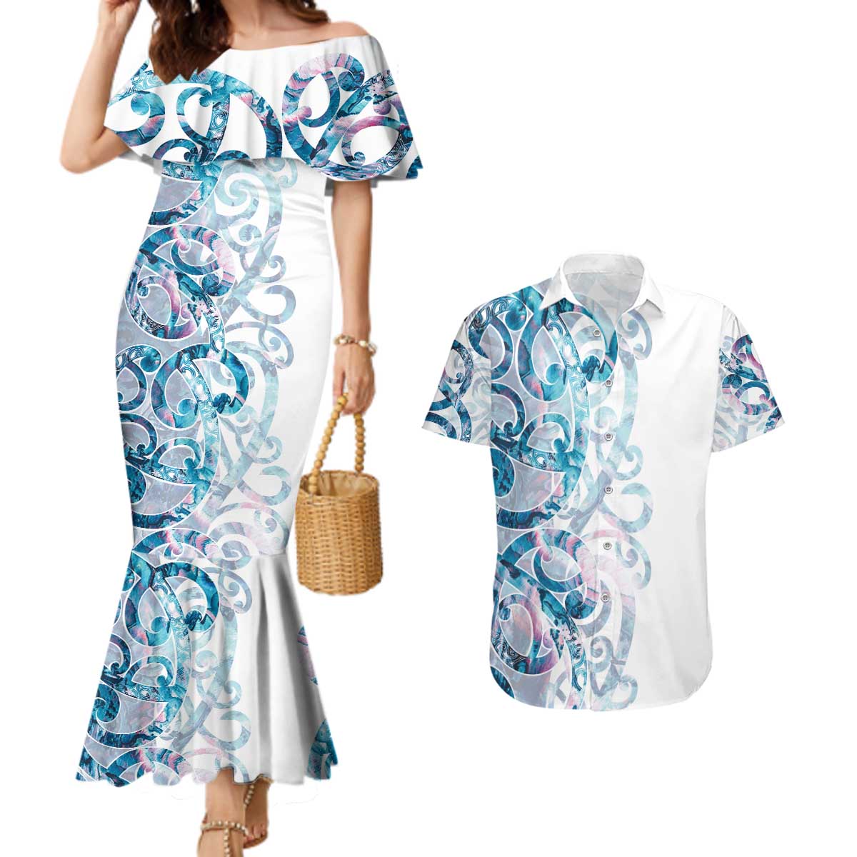 Turquoise Paua Shell Maori Couples Matching Mermaid Dress and Hawaiian Shirt Koru Kowhaiwhai - Polynesian Pride