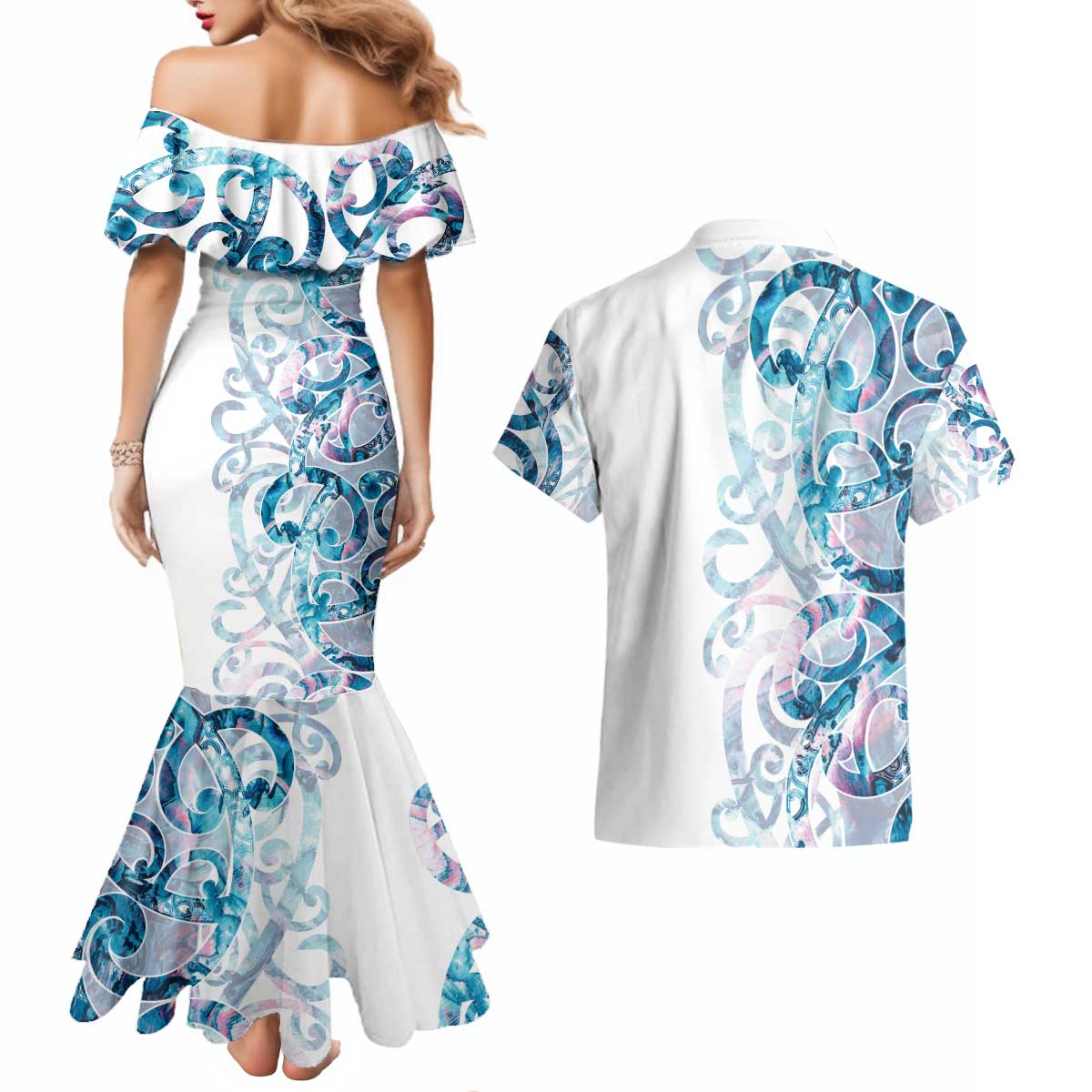 Turquoise Paua Shell Maori Couples Matching Mermaid Dress and Hawaiian Shirt Koru Kowhaiwhai - Polynesian Pride