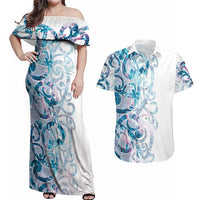 Turquoise Paua Shell Maori Couples Matching Off Shoulder Maxi Dress and Hawaiian Shirt Koru Kowhaiwhai - Polynesian Pride