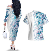 Turquoise Paua Shell Maori Couples Matching Off The Shoulder Long Sleeve Dress and Hawaiian Shirt Koru Kowhaiwhai - Polynesian Pride