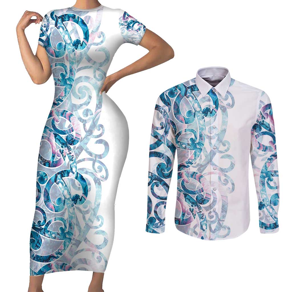 Turquoise Paua Shell Maori Couples Matching Short Sleeve Bodycon Dress and Long Sleeve Button Shirt Koru Kowhaiwhai - Polynesian Pride