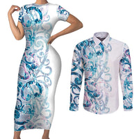 Turquoise Paua Shell Maori Couples Matching Short Sleeve Bodycon Dress and Long Sleeve Button Shirt Koru Kowhaiwhai - Polynesian Pride