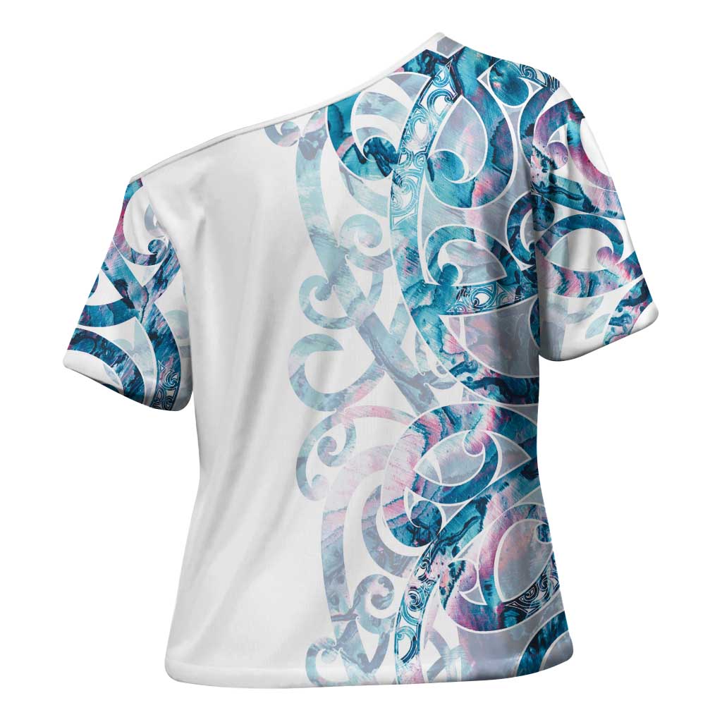 Turquoise Paua Shell Maori Cross Shoulder Shirt Koru Kowhaiwhai - Polynesian Pride