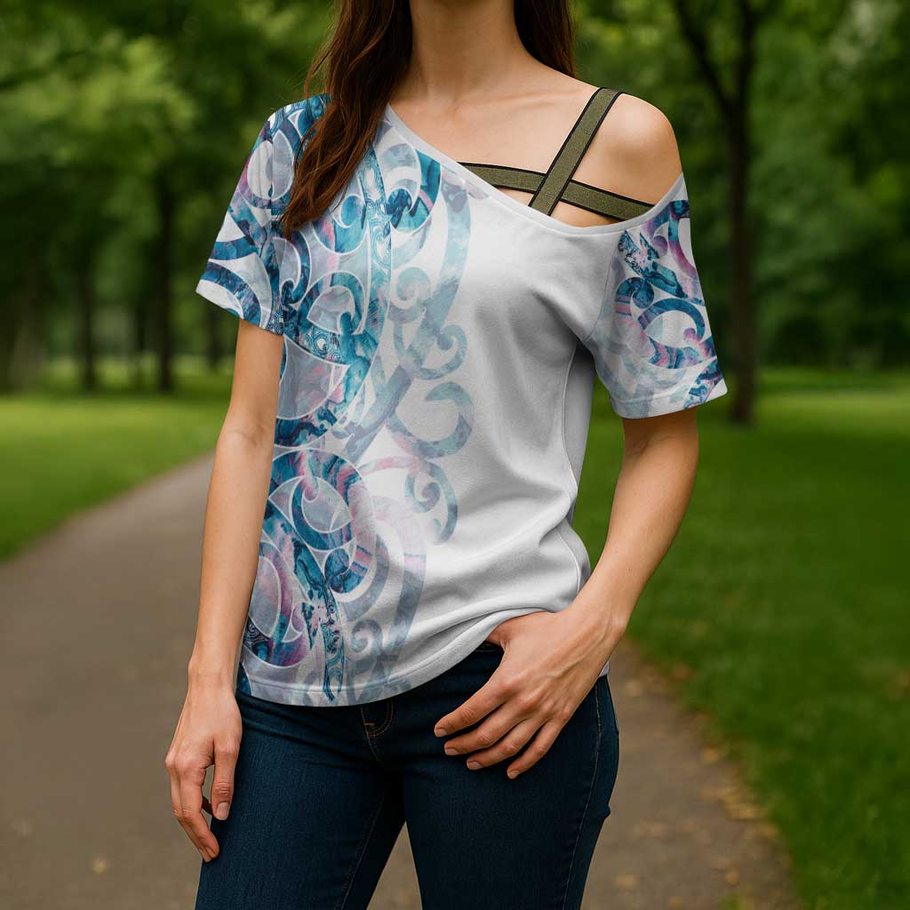 Turquoise Paua Shell Maori Cross Shoulder Shirt Koru Kowhaiwhai - Polynesian Pride