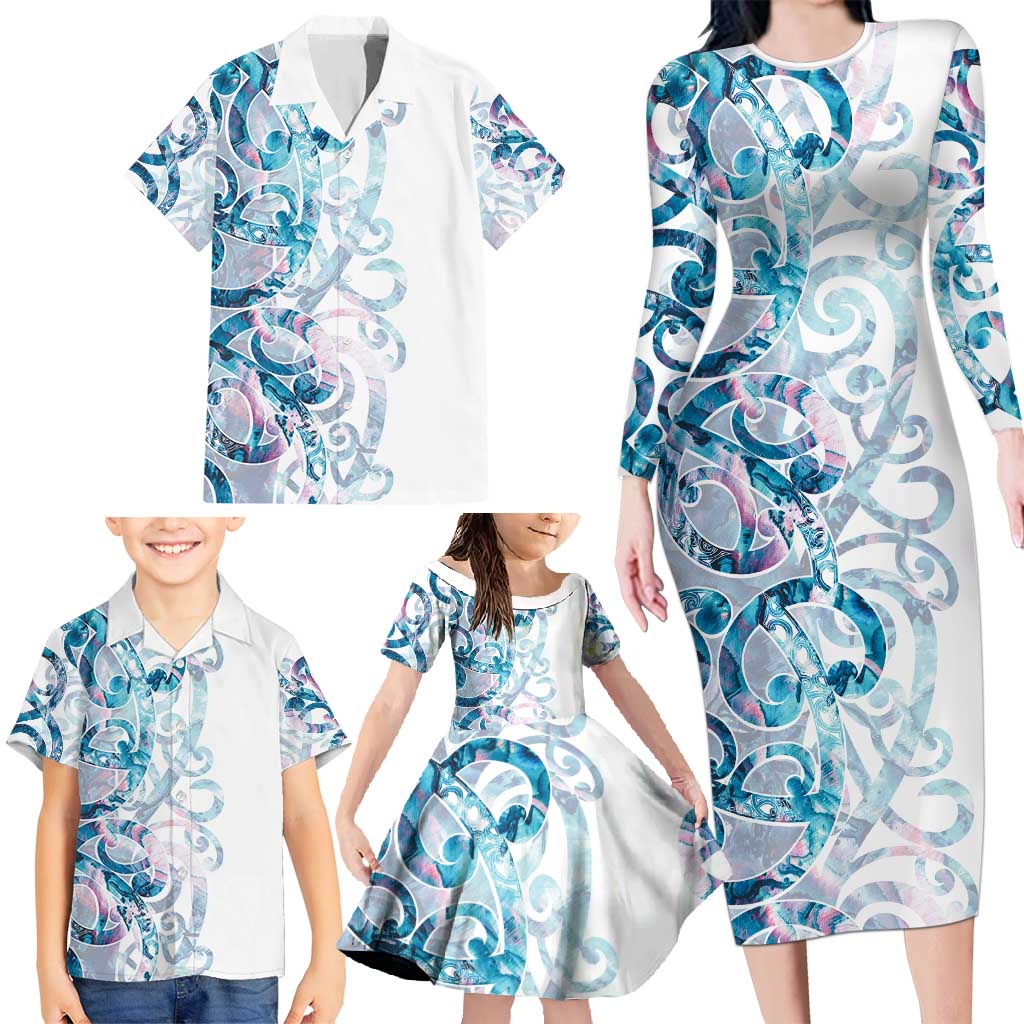 Turquoise Paua Shell Maori Family Matching Long Sleeve Bodycon Dress and Hawaiian Shirt Koru Kowhaiwhai LT7 - Polynesian Pride