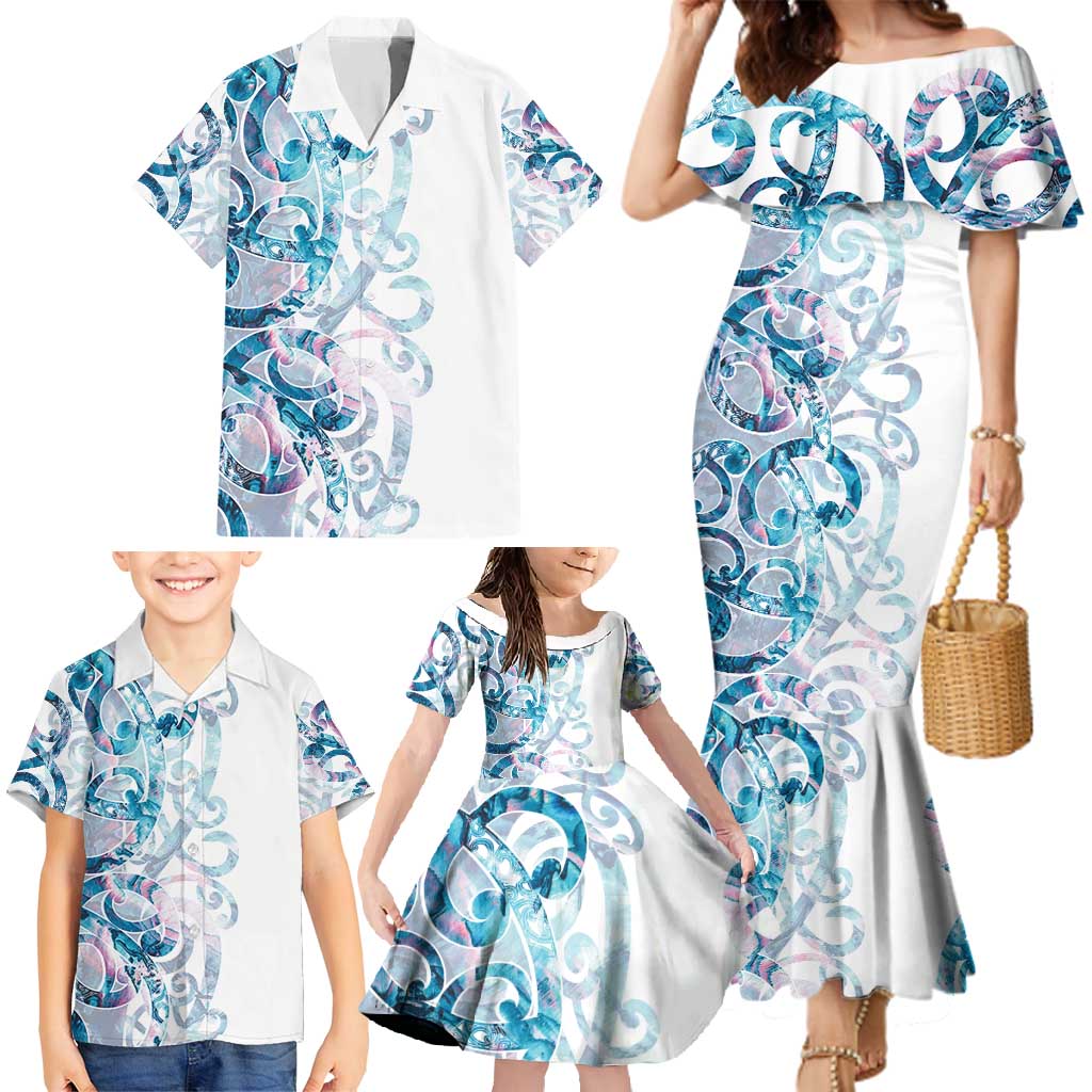 Turquoise Paua Shell Maori Family Matching Mermaid Dress and Hawaiian Shirt Koru Kowhaiwhai - Polynesian Pride