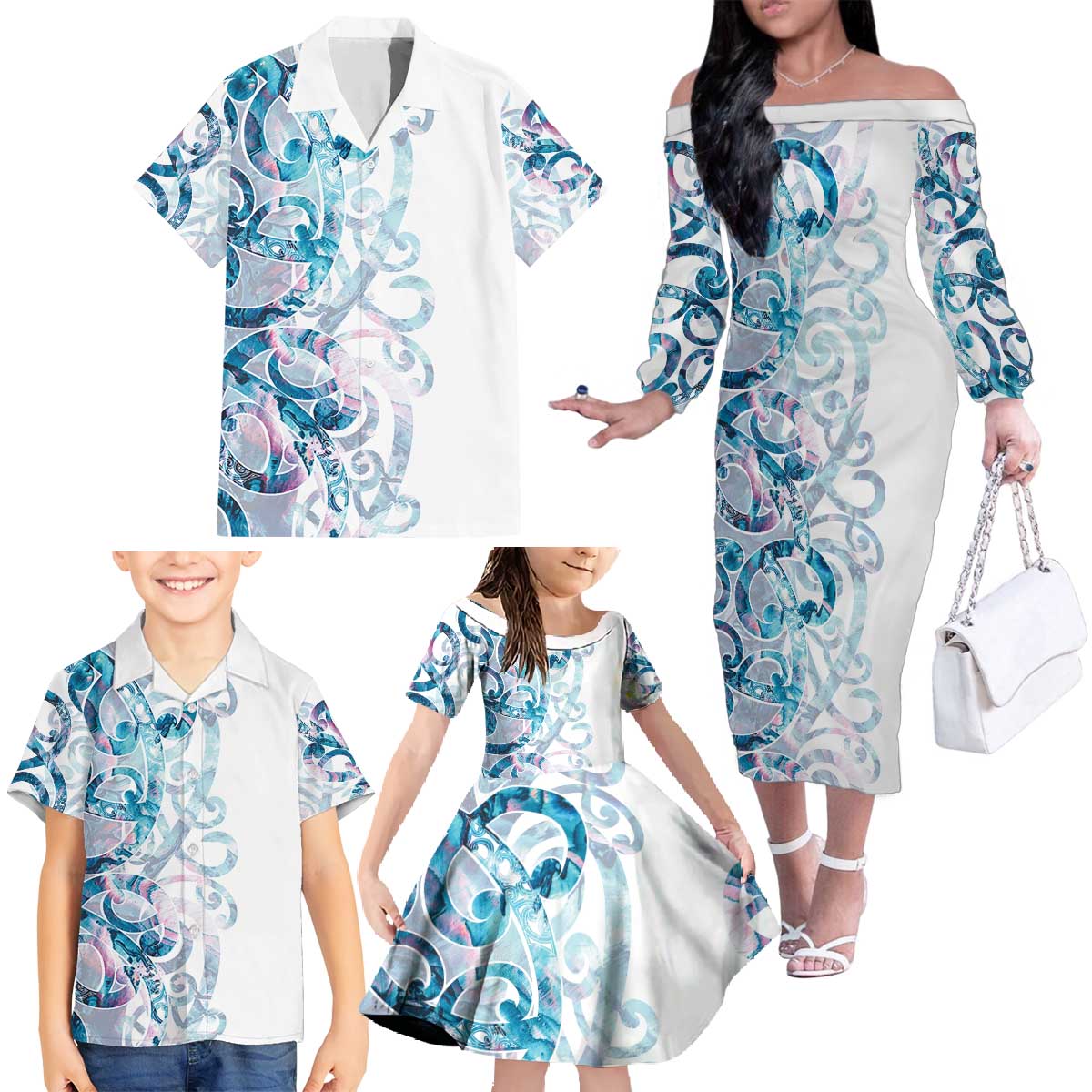 Turquoise Paua Shell Maori Family Matching Off The Shoulder Long Sleeve Dress and Hawaiian Shirt Koru Kowhaiwhai LT7 - Polynesian Pride