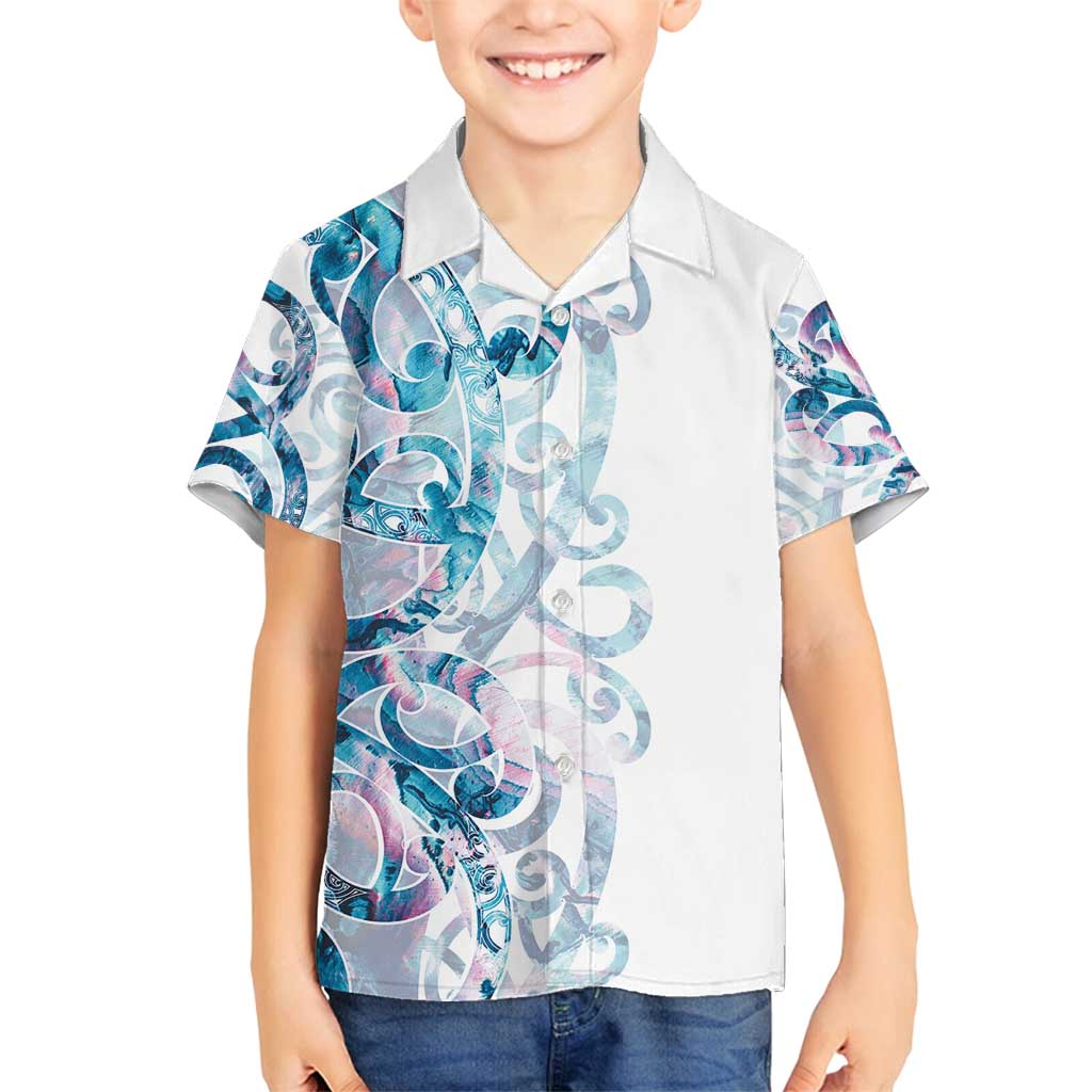 Turquoise Paua Shell Maori Family Matching Off Shoulder Maxi Dress and Hawaiian Shirt Koru Kowhaiwhai LT7 Son's Shirt White - Polynesian Pride