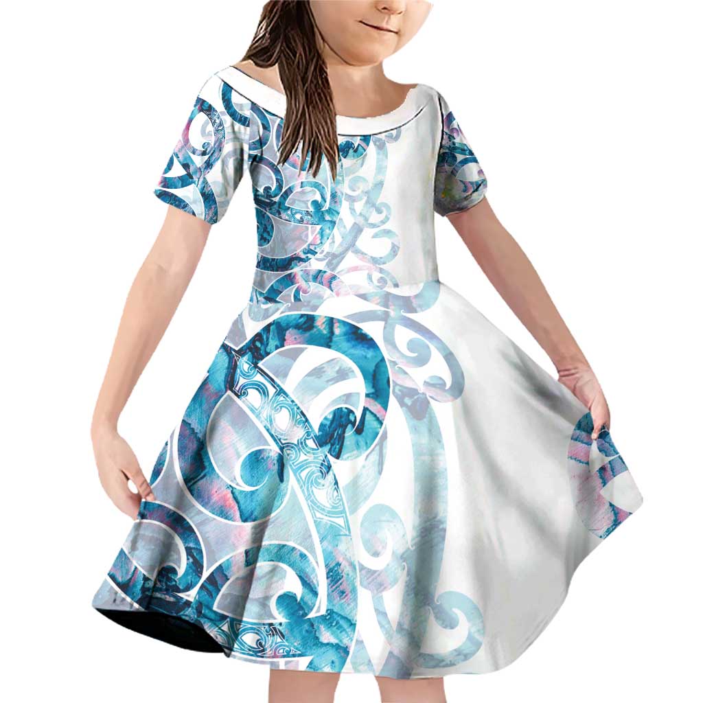Turquoise Paua Shell Maori Family Matching Off Shoulder Short Dress and Hawaiian Shirt Koru Kowhaiwhai LT7 Daughter's Dress White - Polynesian Pride
