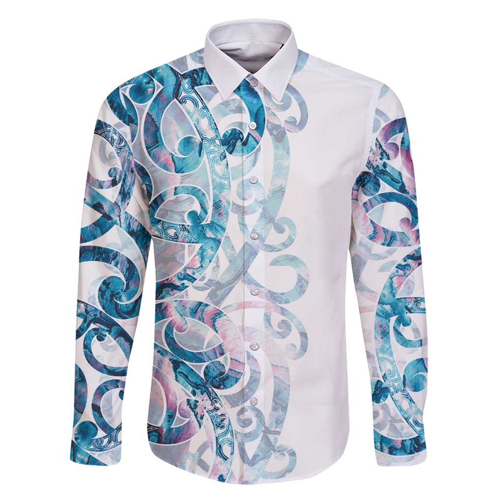 Turquoise Paua Shell Maori Family Matching Off Shoulder Short Dress and Hawaiian Shirt Koru Kowhaiwhai LT7 Dad's Shirt - Long Sleeve White - Polynesian Pride