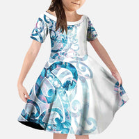 Turquoise Paua Shell Maori Family Matching Short Sleeve Bodycon Dress and Hawaiian Shirt Koru Kowhaiwhai LT7 Daughter's Dress White - Polynesian Pride