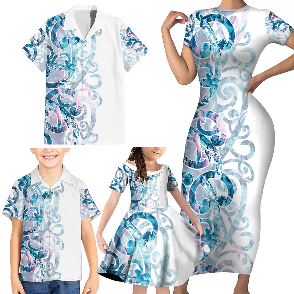 Turquoise Paua Shell Maori Family Matching Short Sleeve Bodycon Dress and Hawaiian Shirt Koru Kowhaiwhai LT7 - Polynesian Pride