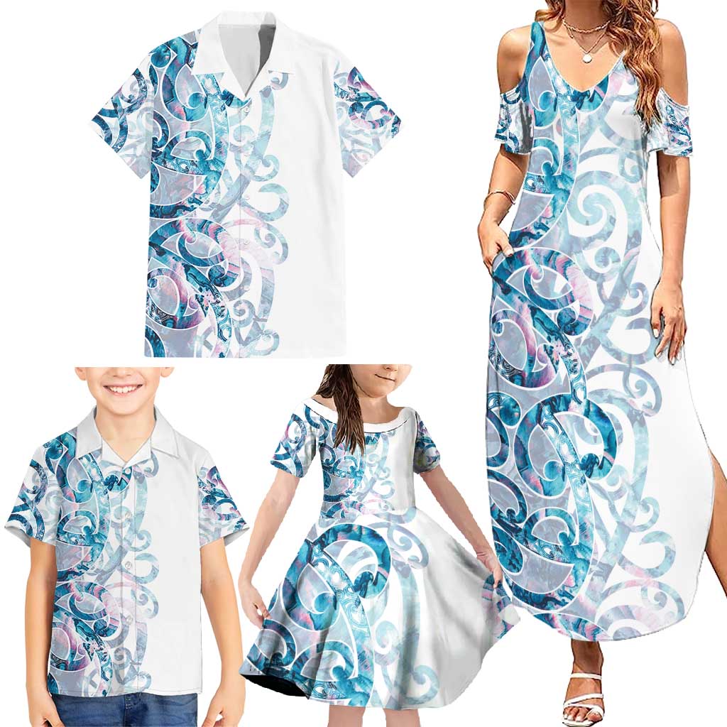 Turquoise Paua Shell Maori Family Matching Summer Maxi Dress and Hawaiian Shirt Koru Kowhaiwhai LT7 - Polynesian Pride