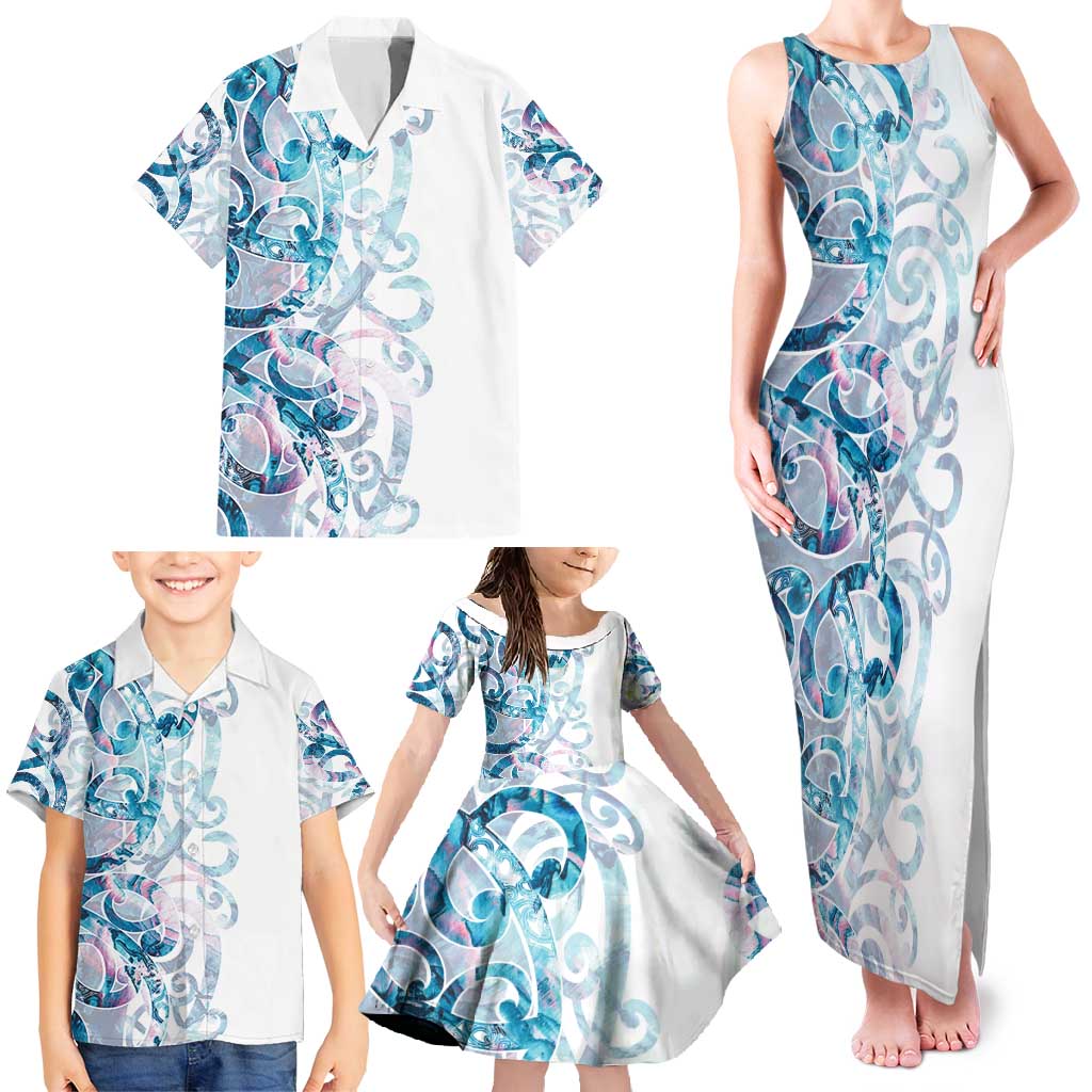 Turquoise Paua Shell Maori Family Matching Tank Maxi Dress and Hawaiian Shirt Koru Kowhaiwhai LT7 - Polynesian Pride
