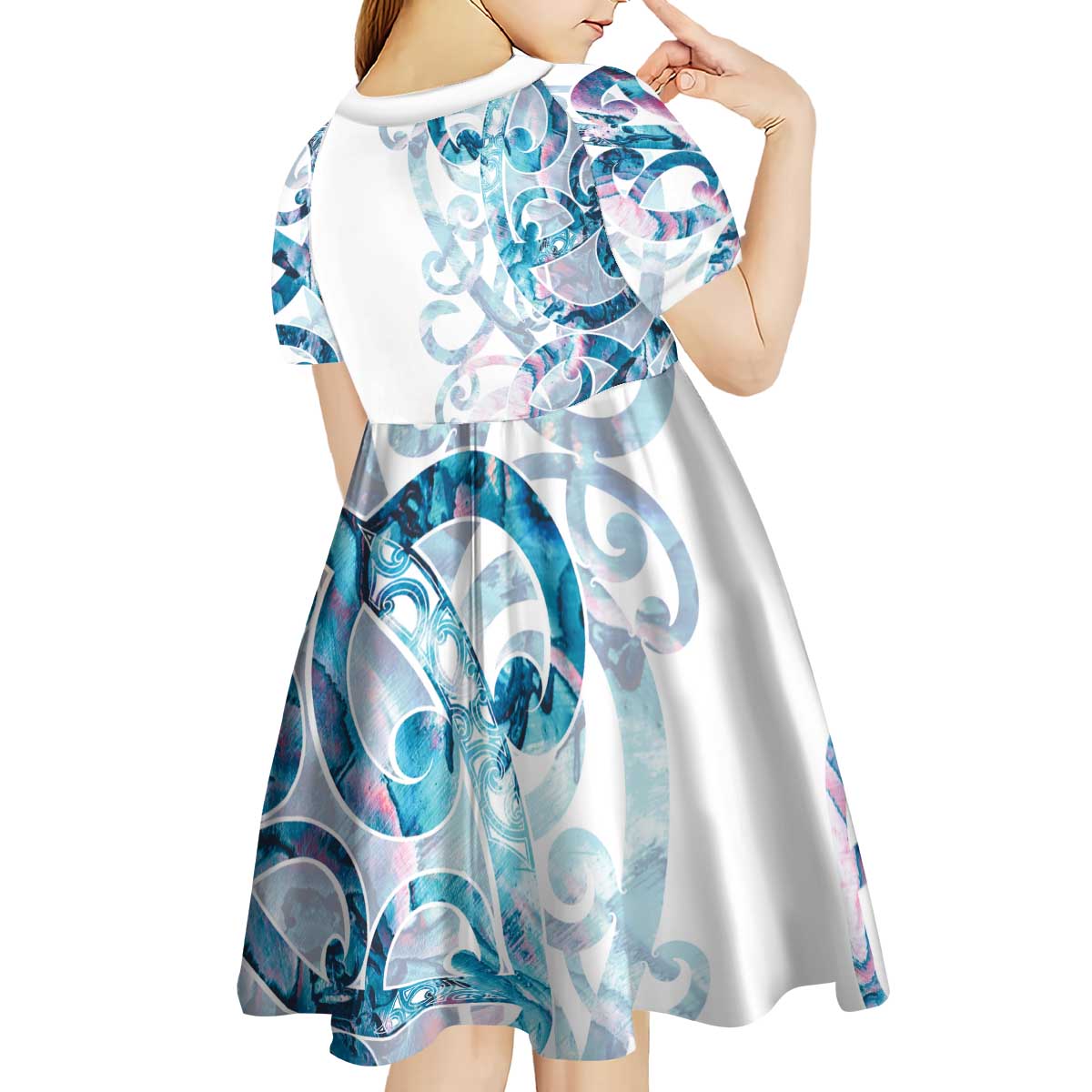Turquoise Paua Shell Maori Kid Short Sleeve Dress Koru Kowhaiwhai - Polynesian Pride