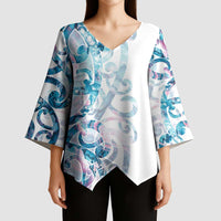 Turquoise Paua Shell Maori Kimono Sleeve Blouse Koru Kowhaiwhai - Polynesian Pride