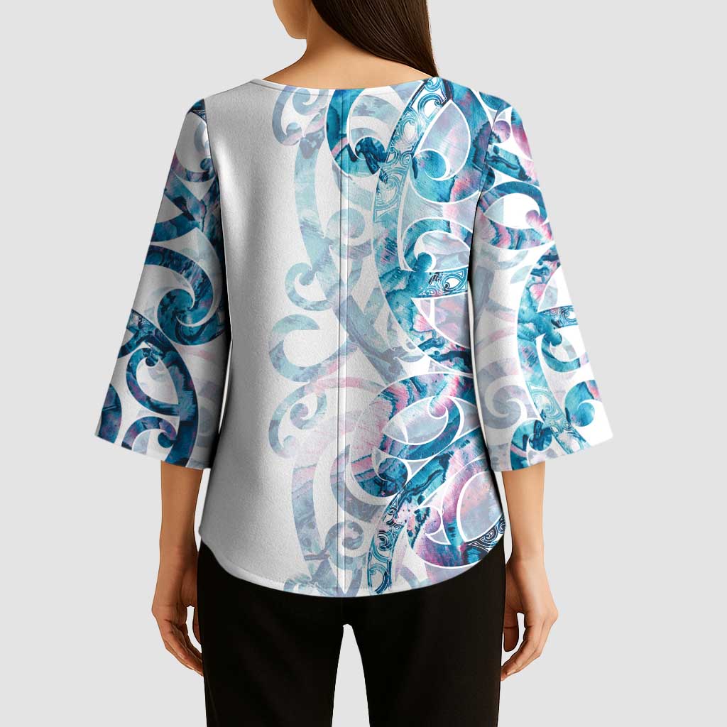 Turquoise Paua Shell Maori Kimono Sleeve Blouse Koru Kowhaiwhai - Polynesian Pride